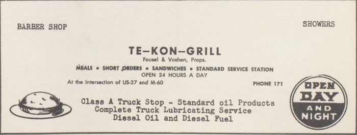Tekon Grill (Te-Kon Grill & Truck Stop) - Vintage Tekonsha Yearbook Ad